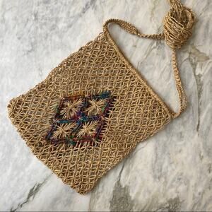 Vintage Y2K Boho Hemp Woven Mandala Pattern Rainbow Thread Crossbody Bag